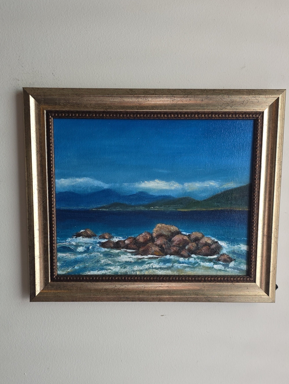 Framed Seascape Oil Painting in Blue and Brown by ME